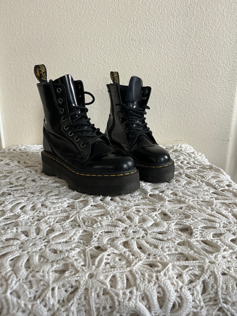 Dr. Martens Black Patent Platform Lace-Up Boots